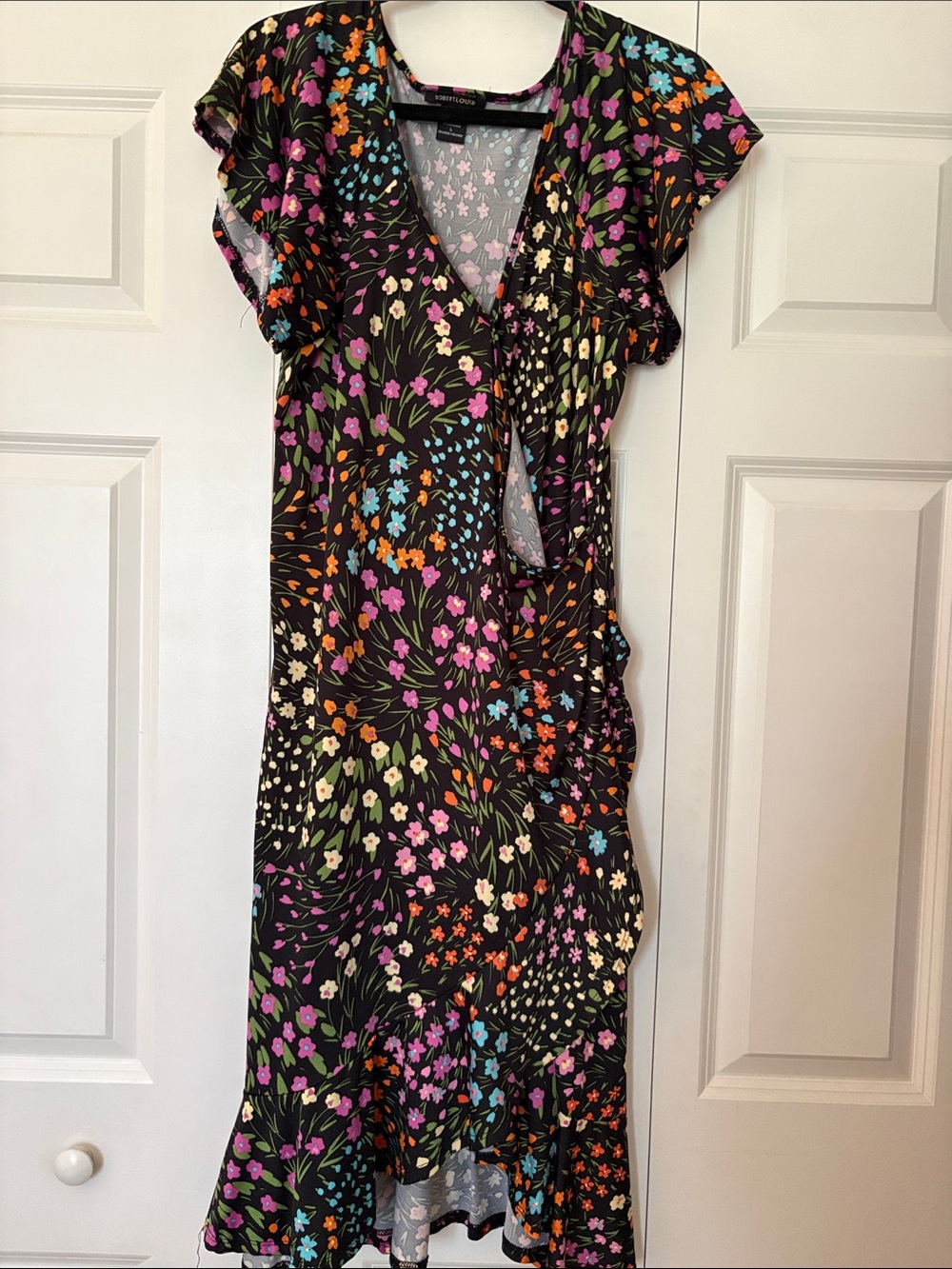 Robert Louis Black Midi Dress with Pink, Orange, Blue & Cream Floral Print